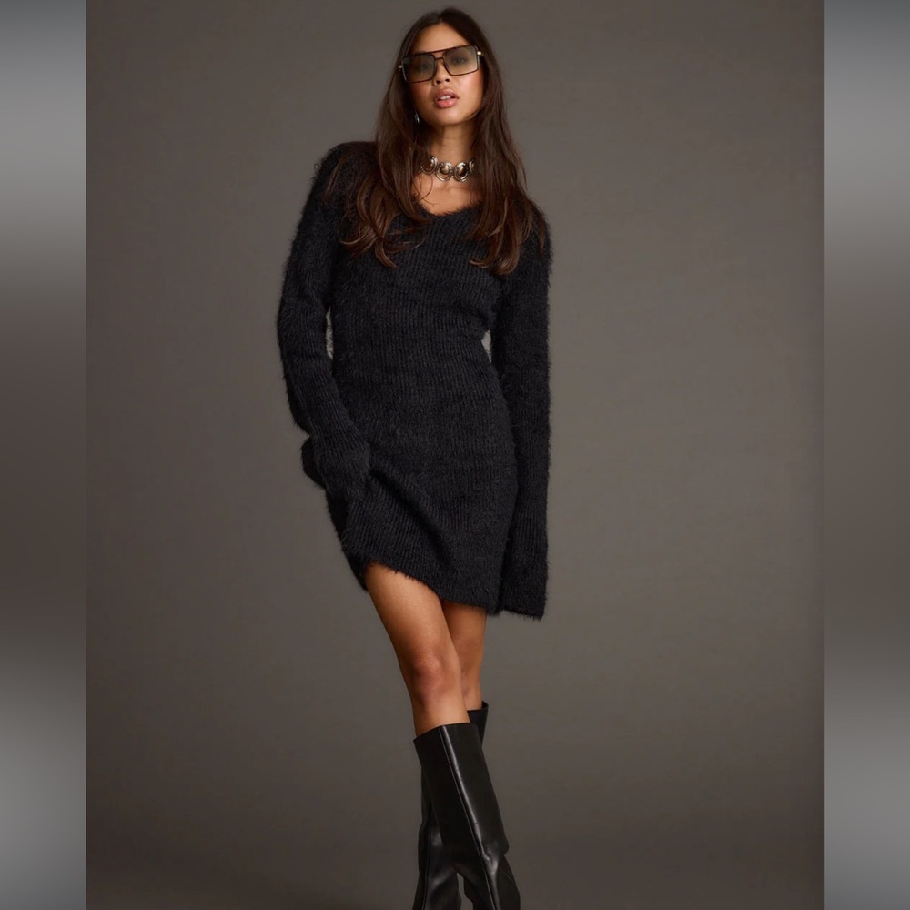12th Tribe Shiloh Black V-Neck Sweater Mini Dress